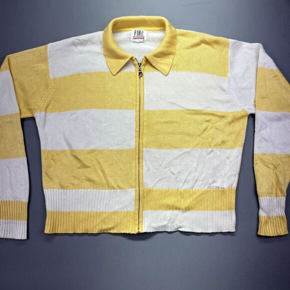 FIA Italia Sweater Women's L Handloomed White & Yellow Striped Full Zip Collared - Picture 1 of 15